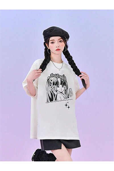 donamod Tricou oversize cu desene animate și design grafic Seria Cartoon/Lett...