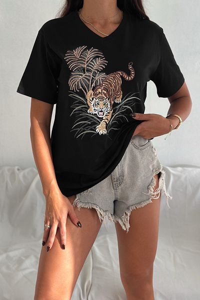 FEMELLE Women's Black V-Neck Plus Size Leopard Print Sequin Sequin Embroidered 100% Cotton Plus Size T-Shirt