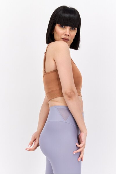 NA-KD Women Scoop Neck Sleeveless Brand Logo Crop Top, Brown