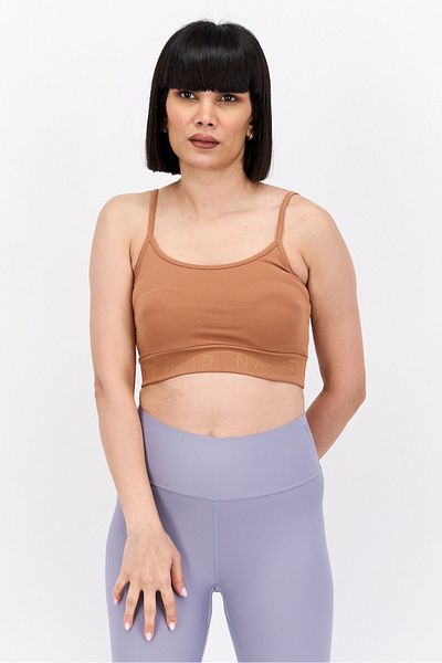 NA-KD Women Scoop Neck Sleeveless Brand Logo Crop Top, Brown
