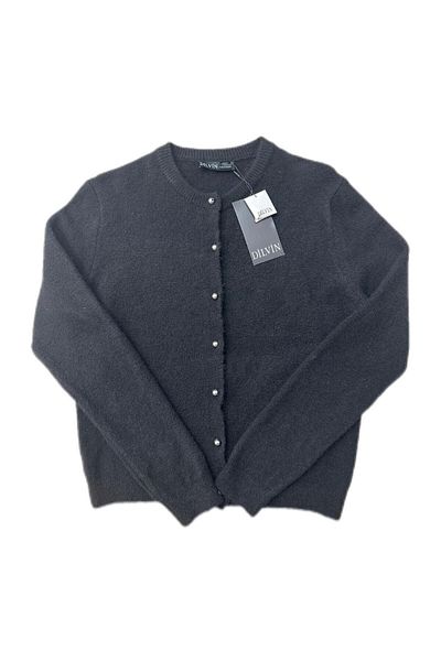 Dilvin 60936 Crew Neck Beads Buttoned Knitwear Cardigan-Black