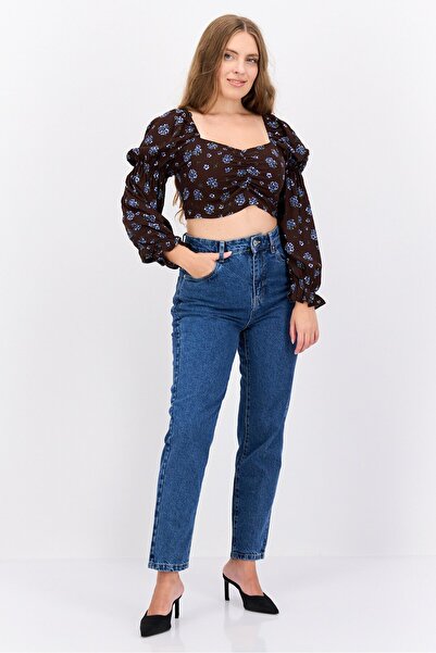 Monki Women Square Neck Long Sleeve Floral Print Crop Top, Brown