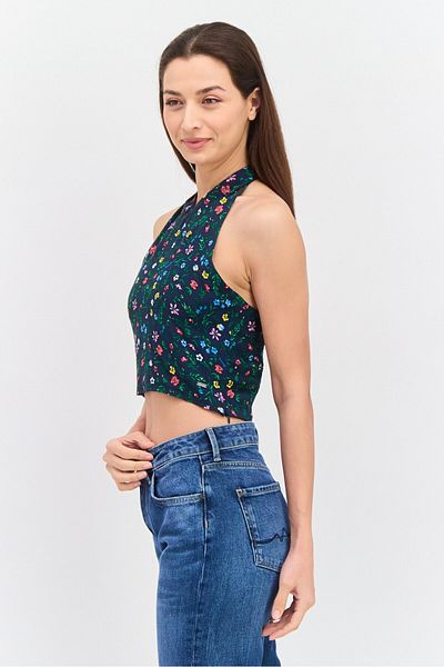 Pepe Jeans Women Halter Neck Sleeveless Floral Print Tank Top, Navy Combo