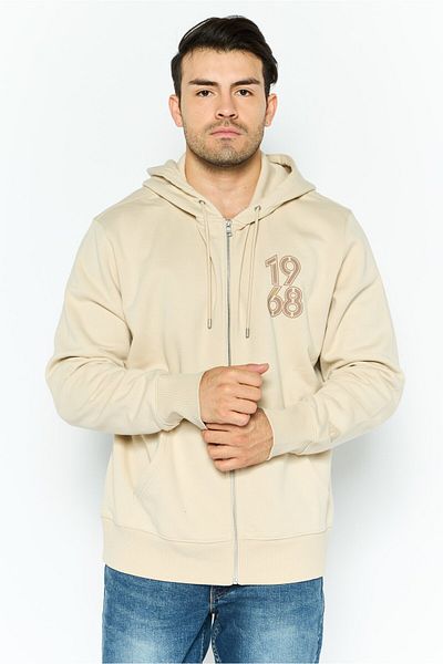 Esprit سويت شيرت رجالي بغطاء رأس وطبعة جرافيكية وأكمام طويلة، لون بيج