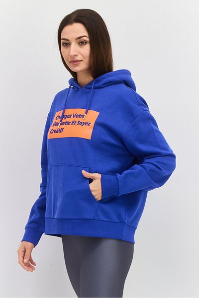 Red Tape Women Hood With Drawstring Long Sleeve Graphic Print Sweatshirts, Blue Combo