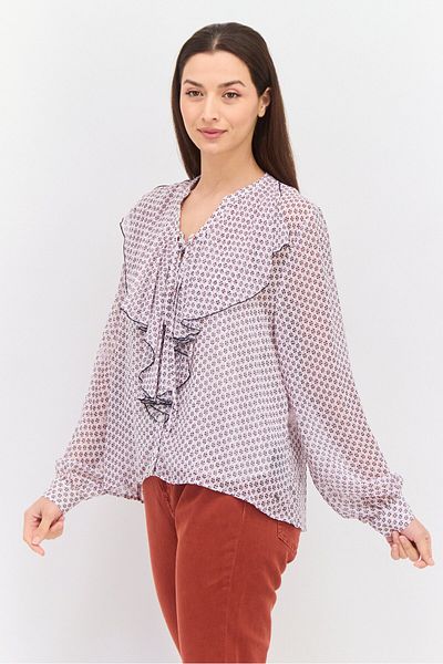Pepe Jeans Women Tie Neck Long Sleeve Allover Print Blouse, White Combo