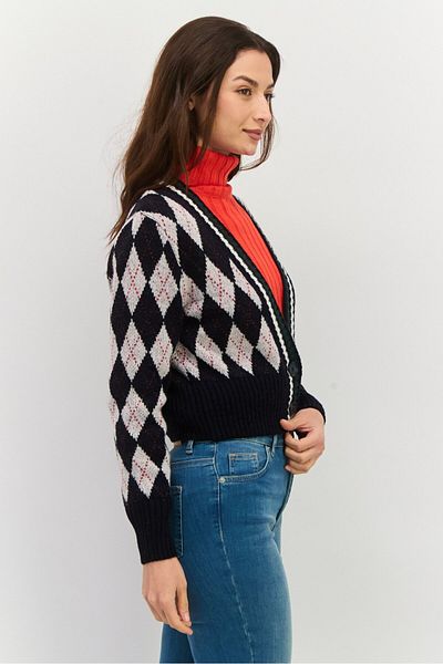 Pepe Jeans Women Plunging Neck Long Sleeves Argyle Print Cardigans, Navy Combo