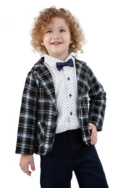 Monttini Boy's 4-Piece Suit Plaid Jacket, White Shirt, Bow Tie and Pants