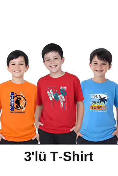 FYK COLLECTİON 3-Piece Active-Long-Extreme Printed Boys' Short Sleeve T-Shirts