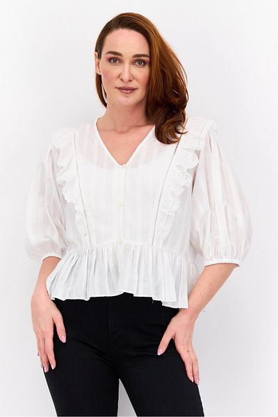 Scotch & Soda Women V Neck Puffed Sleeve Textured Top, White