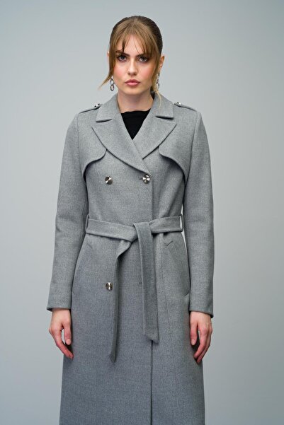 Olcay GRAY Double Breasted Cashmere Coat - Epaulet and Cloak Detail, Intermediate Size, 3006 Model