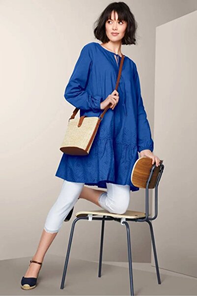 Tchibo Women Tie Neck Long Sleeve Embroidery Blouse, Blue