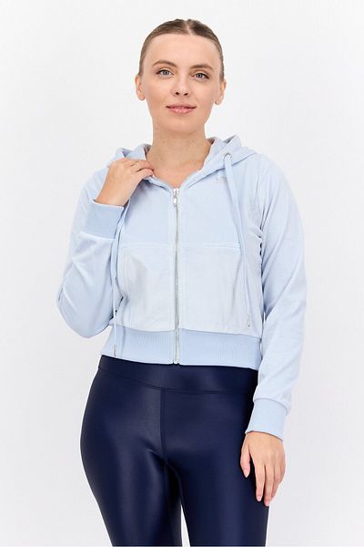 Bebe Women Hood With Drawstring Long Sleeve Embellished Logo Sweatshirts, Light Blue