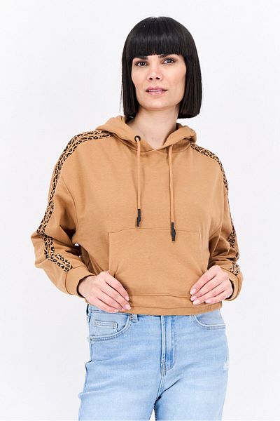 Brave Soul Women Hood With Drawstring Long Sleeve Animal Print Sweatshirts, Camel Brown