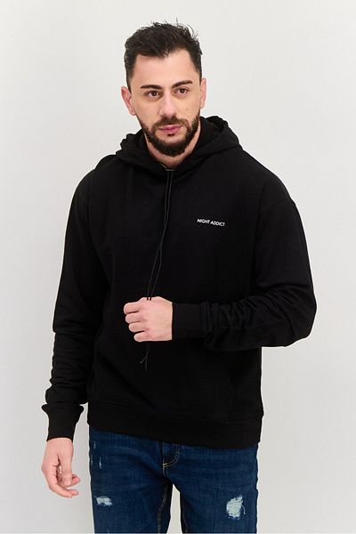 Night Addict Men Hooded Long Sleeve Graphic Print Sweatshirt, Black