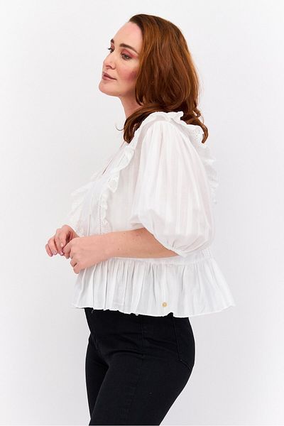 Scotch & Soda Women V Neck Puffed Sleeve Textured Top, White