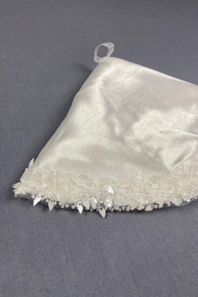 Hayalperest boncuk Ekru Saten Boncuk İşlemeli Halay Mendili