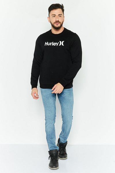 Hurley Men Crew Neck Brand Logo Long Sleeves Sweatshirt, Black