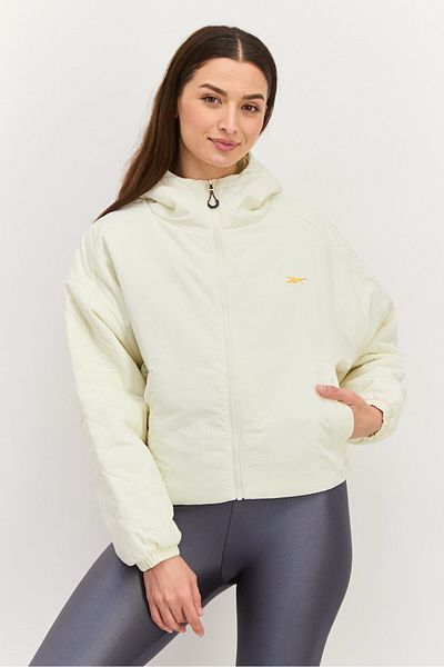 Reebok Women Sportswear Fit Long Sleeve Brand Logo Hooded Sweatshirt, Light Cream