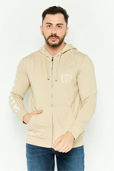 GAZZARRİNİ Men Hooded Graphic Long Sleeve Sweatshirt, Beige