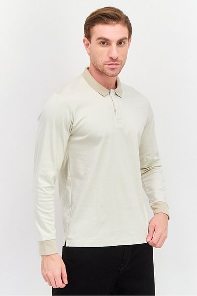 CELIO Men Regular Fit Plain Long Sleeve Polo Shirts, Light Beige