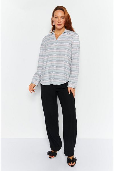 Weatherproof Women Split Neck Long Sleeve Striped Blouse, Grey Combo