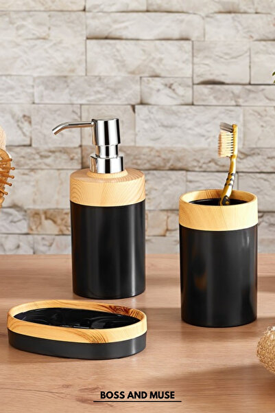 Genel Markalar Bambu Görünümlü Plastik  3' Lü Banyo Seti Sıvı Sabunluk Diş Fı...