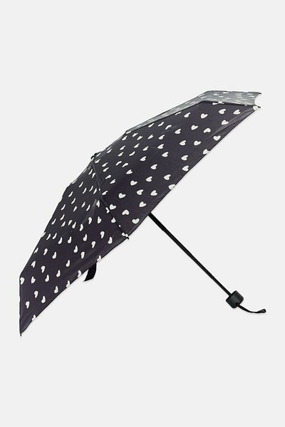 Posh & Pop Heart Print Folded Umbrella, Black