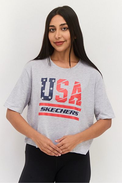 SKECHERS Women Sportswear Fit Short Sleeve Outdoor Top, Grey Combo