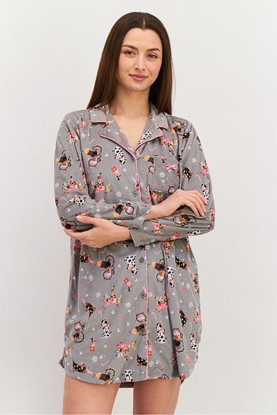 Kensie Women All Over Print Sleepwear Shirt Dress, Grey Combo