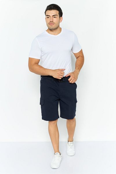 Threadbare Men Stretch Fit Plain Belted Chino Shorts, Navy