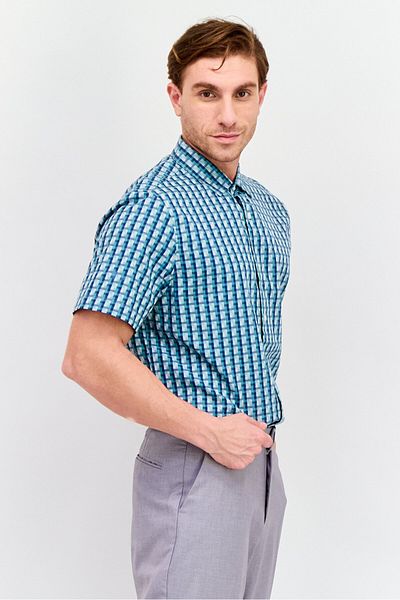 Perry Ellis قميص رجالي كاجوال بقصّة عادية وأكمام قصيرة بطبعة مربعات، باللون الأخضر المزرق