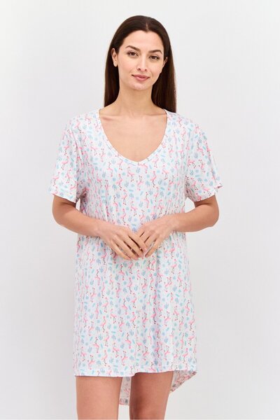 Comfort by Real فستان نوم نسائي بأكمام قصيرة بطبعة طائر الفلامنجو، أبيض