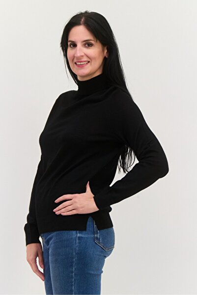 Hugo by Hugo Boss Women Mock Neck Textured Long Sleeves Sweater, Black