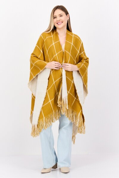 Halston كنزة بونشو نسائية بحزام ونقشة مربعات، لون أصفر