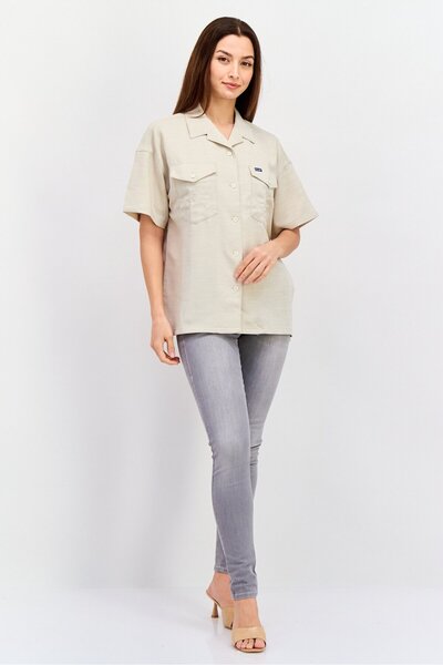WRANGLER Women Regular Fit Solid Short Sleeves Casual Shirt, Beige