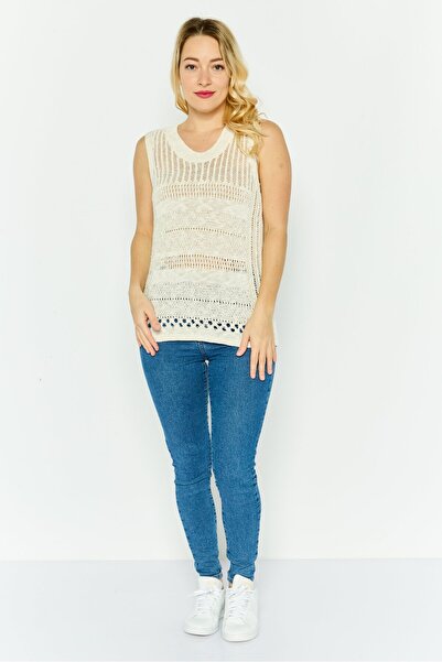 Esprit Women Round Neck Sleeveless Eye Let Top, Beige