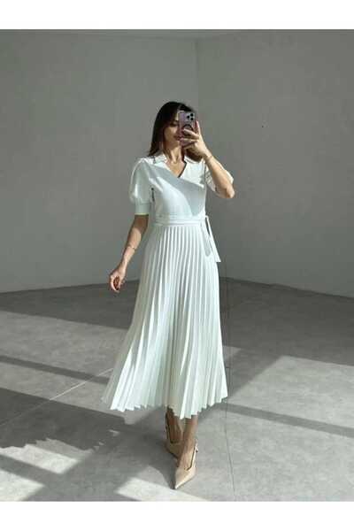 MODA DURAĞI Kuşaklı Karpuz Kollu Piliseli Elbise