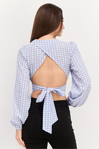 NA-KD Women Crew Neck Long Sleeve Checkered Blouse, Blue