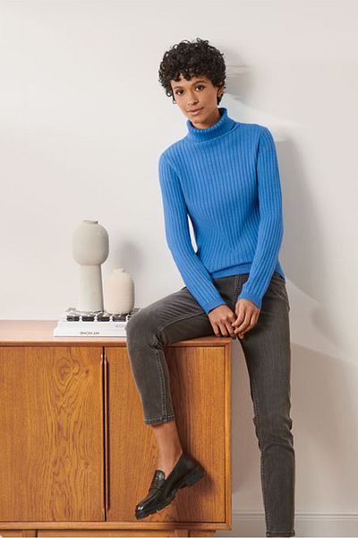 Tchibo Women Turtle Neck Long Sleeve Textured Sweater, Blue