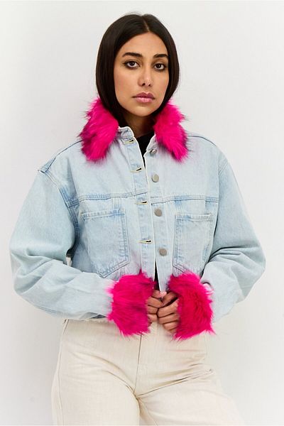 Vintage Supply Women Faux Fur Trim Denim Jacket, Light Blue