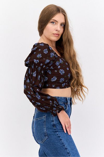 Monki Women Square Neck Long Sleeve Floral Print Crop Top, Brown