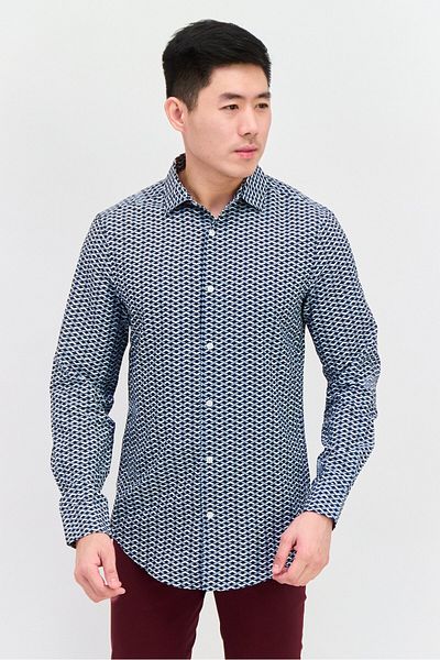 Perry Ellis Men Stretch Fit Allover Print Long Sleeves Casual Shirt, Navy