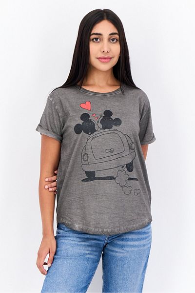 Disney Women Round Neck Short Sleeves Graphic Print T-shirt, Dark Grey