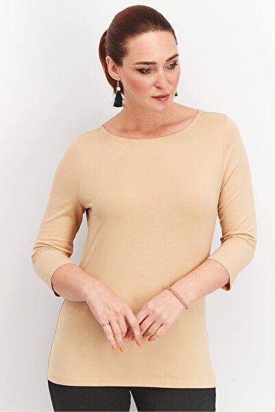 Tchibo Women Boat Neck Long Sleeve Solid Top, Beige