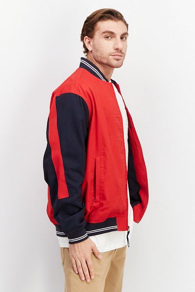 Perry Ellis Men High Neck Plain Bomber Jacket, Red