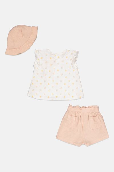 Home Grown Baby Toddler Girls 3 Pieces Alover Print Top Shorts And Beanie Hat, White Combo