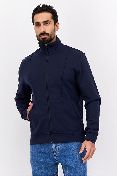 Esprit Men Mock Neck Long Sleeve Plain Full Zip Sweatshirts, Navy Blue