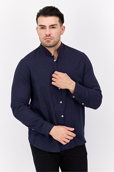 GAZZARRİNİ قميص رجالي كاجوال سادة بأكمام طويلة بقصّة عادية، أزرق داكن