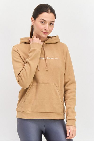 Hurley Women Hooded Embroidered Logo Long Sleeves Sweatshirt, Beige